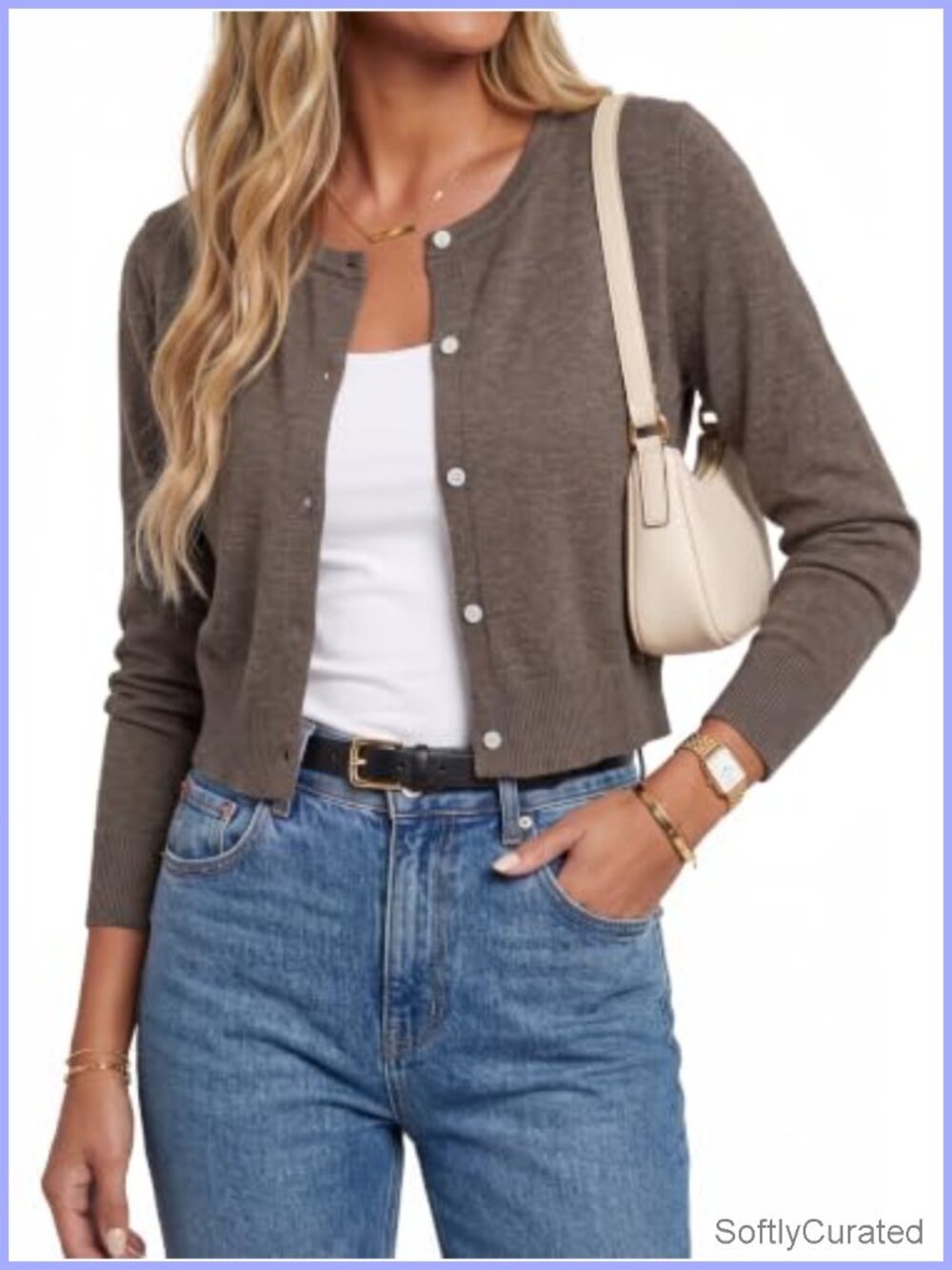 Wool Blend Cropped Crewneck Cardigan Sweater Button Front Fall Work
